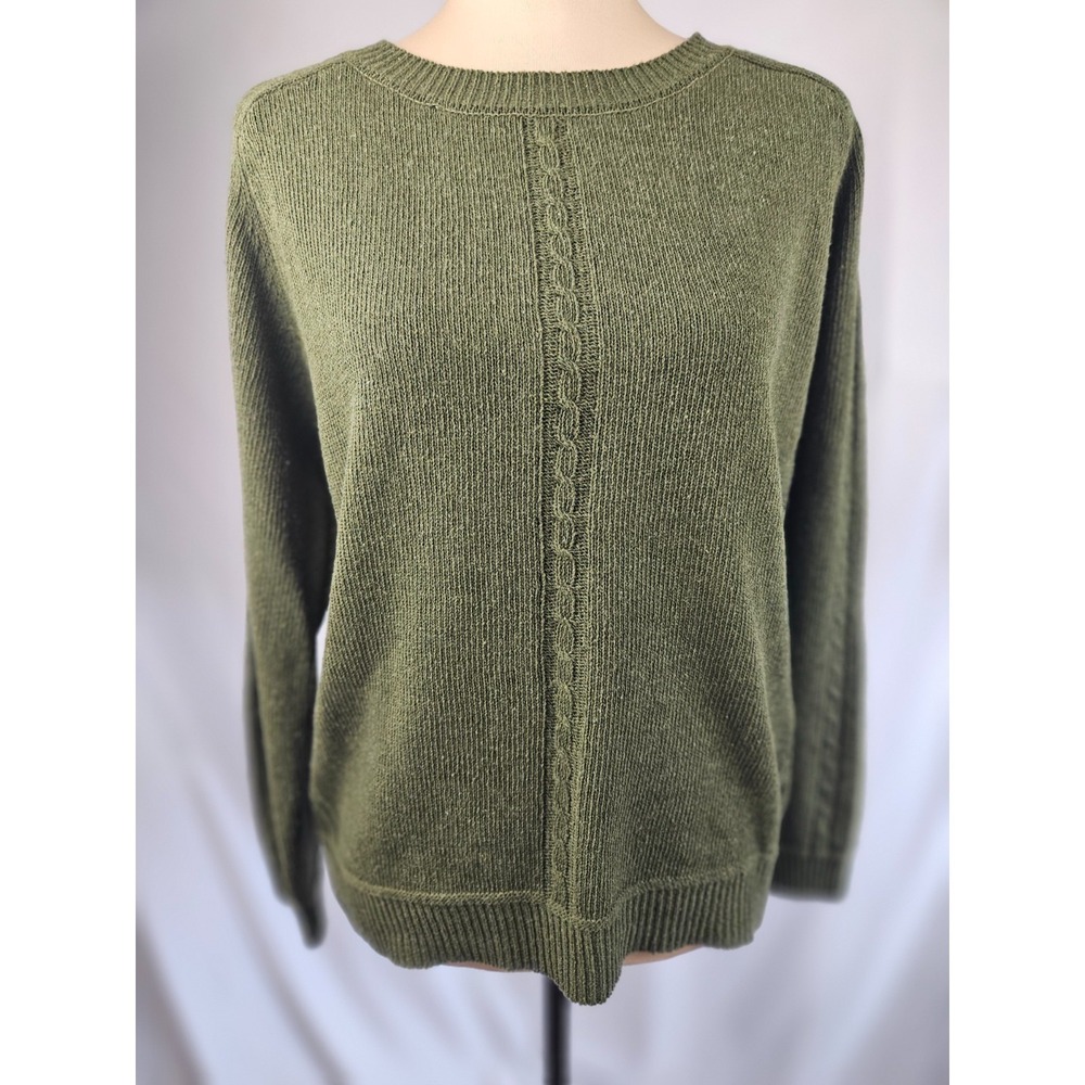 Vintage Olive Green Cable Knit Sweater Ramie Cotton Blend Crewneck Size M-L